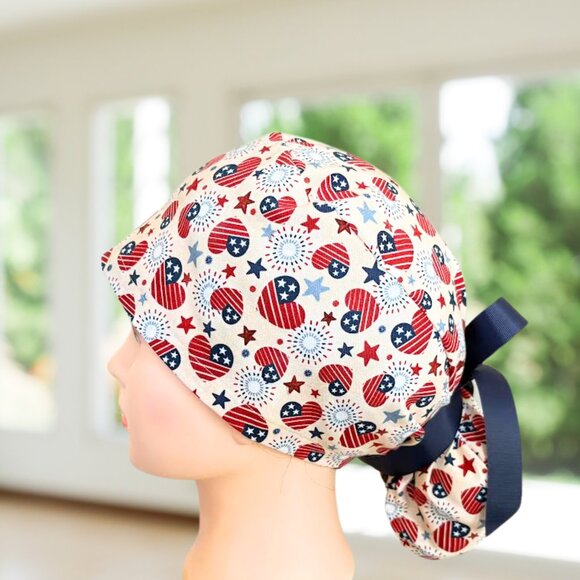 Premium American Hearts 4th July~ Ponytail Scrub Cap, RN, OR, CNA, MD, gift! - Picture 4 of 5